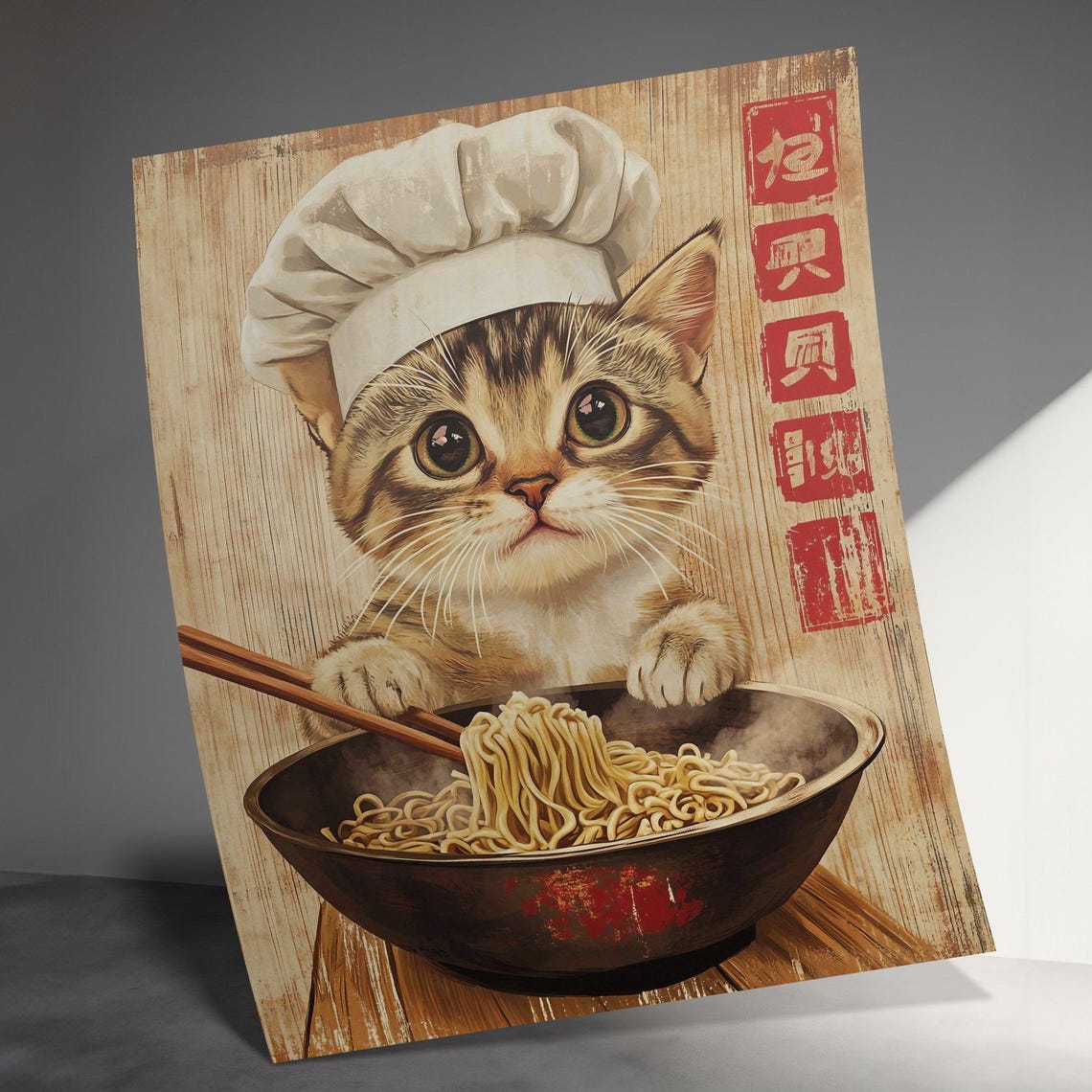 Cute Kitten Chef Noodles Adorable Japanese Kitchen Animal Art Poster - Image 3
