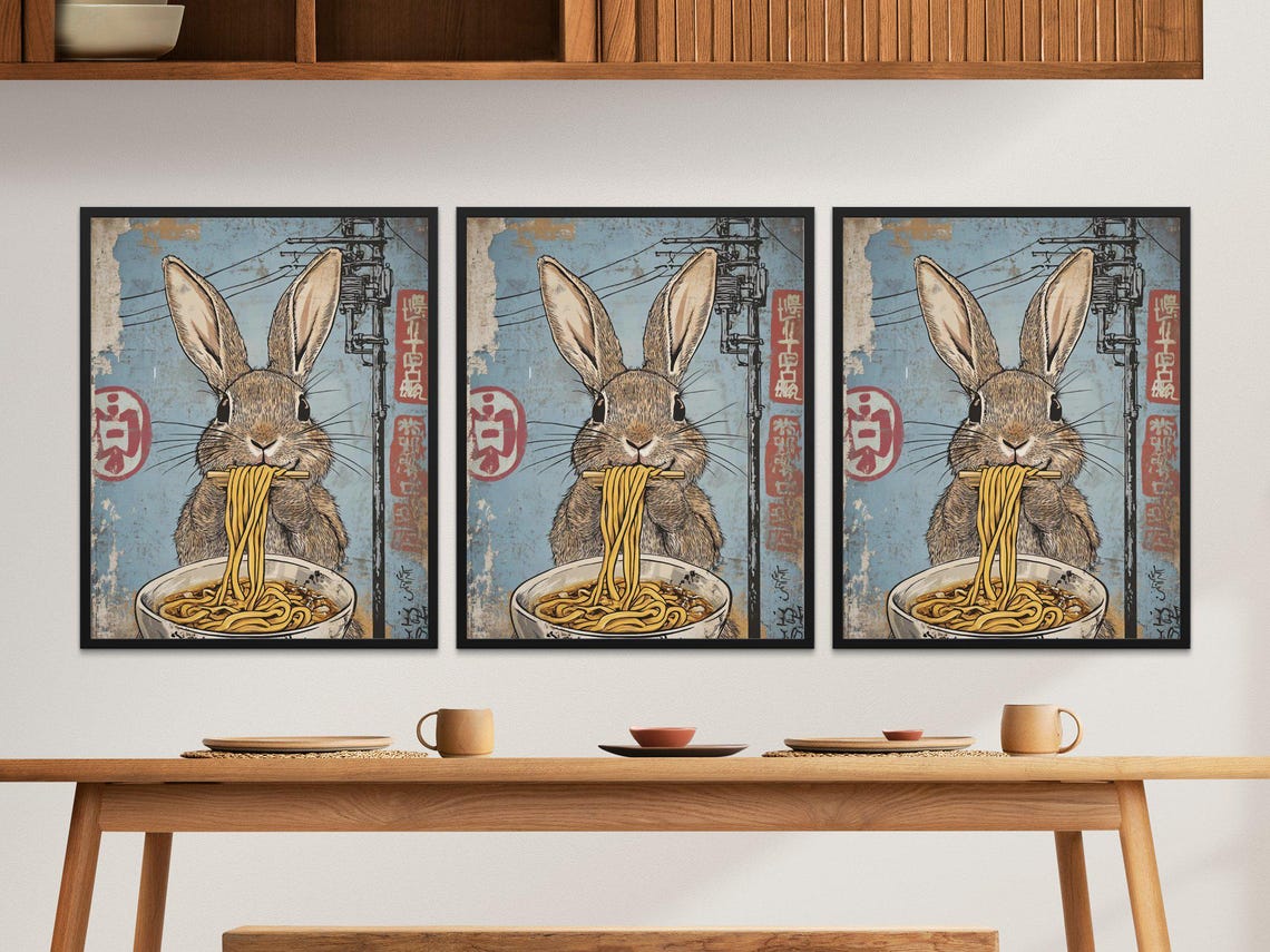 Cute Rabbit Eating Ramen Japanese Retro Blue Street Wall Art Poster - Image 2