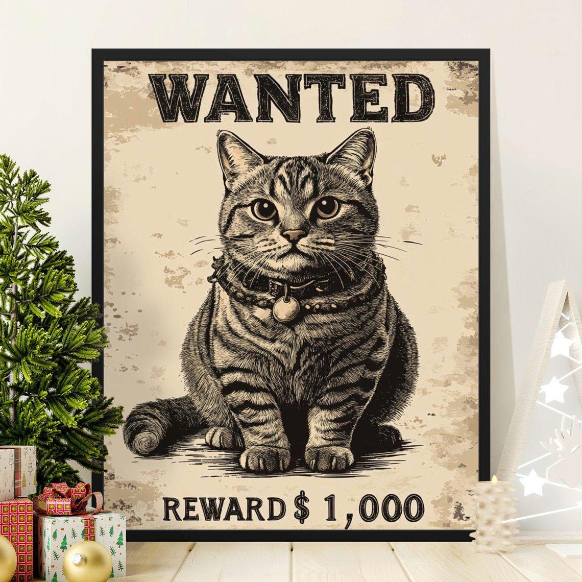 Wanted Reward Tabby Cat Vintage Western Style Funny Animal Art Poster