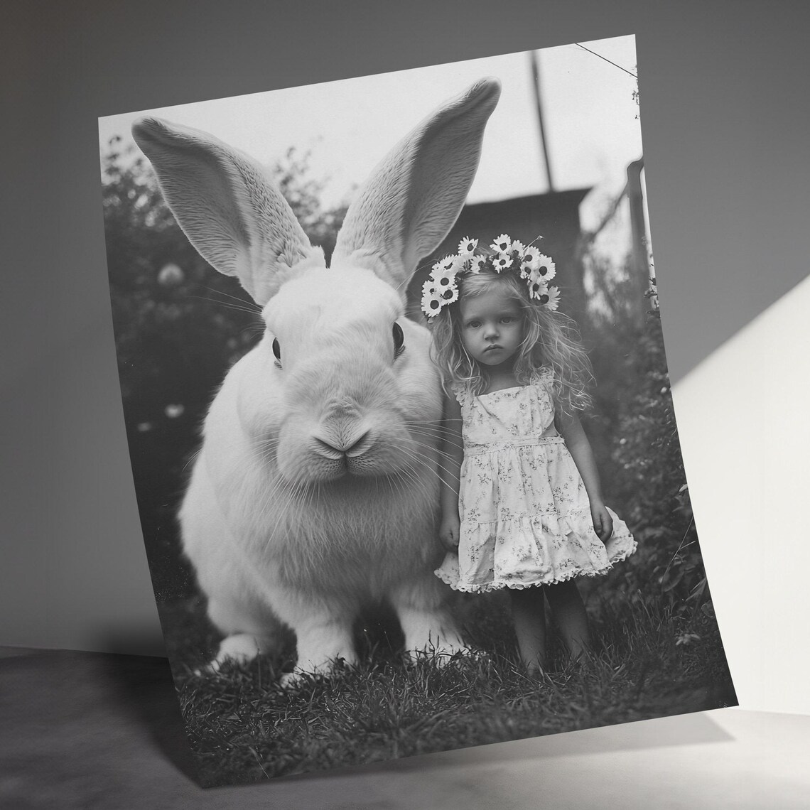Giant White Rabbit With Little Girl Surreal Vintage Black And White Wall Art - Image 3