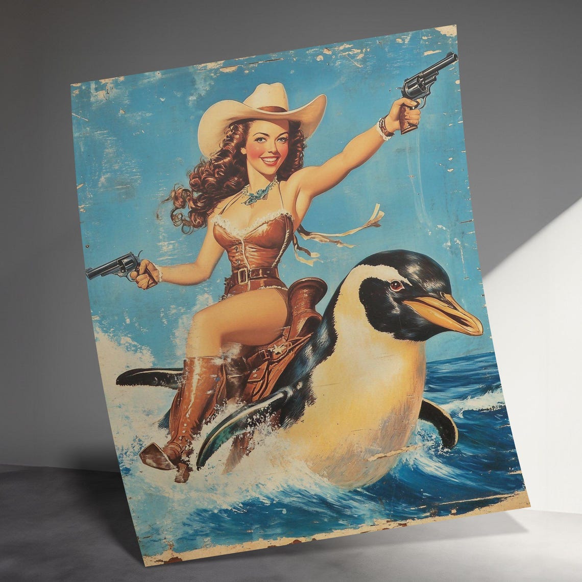 Vintage Cowgirl Riding Giant Penguin Retro Pin Up Ocean Poster Art - Image 3