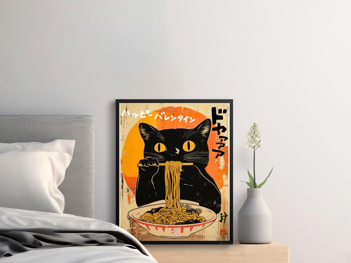 Retro Black Cat Eating Ramen Noodles Vintage Japanese Foodie Art Poster - Image 2