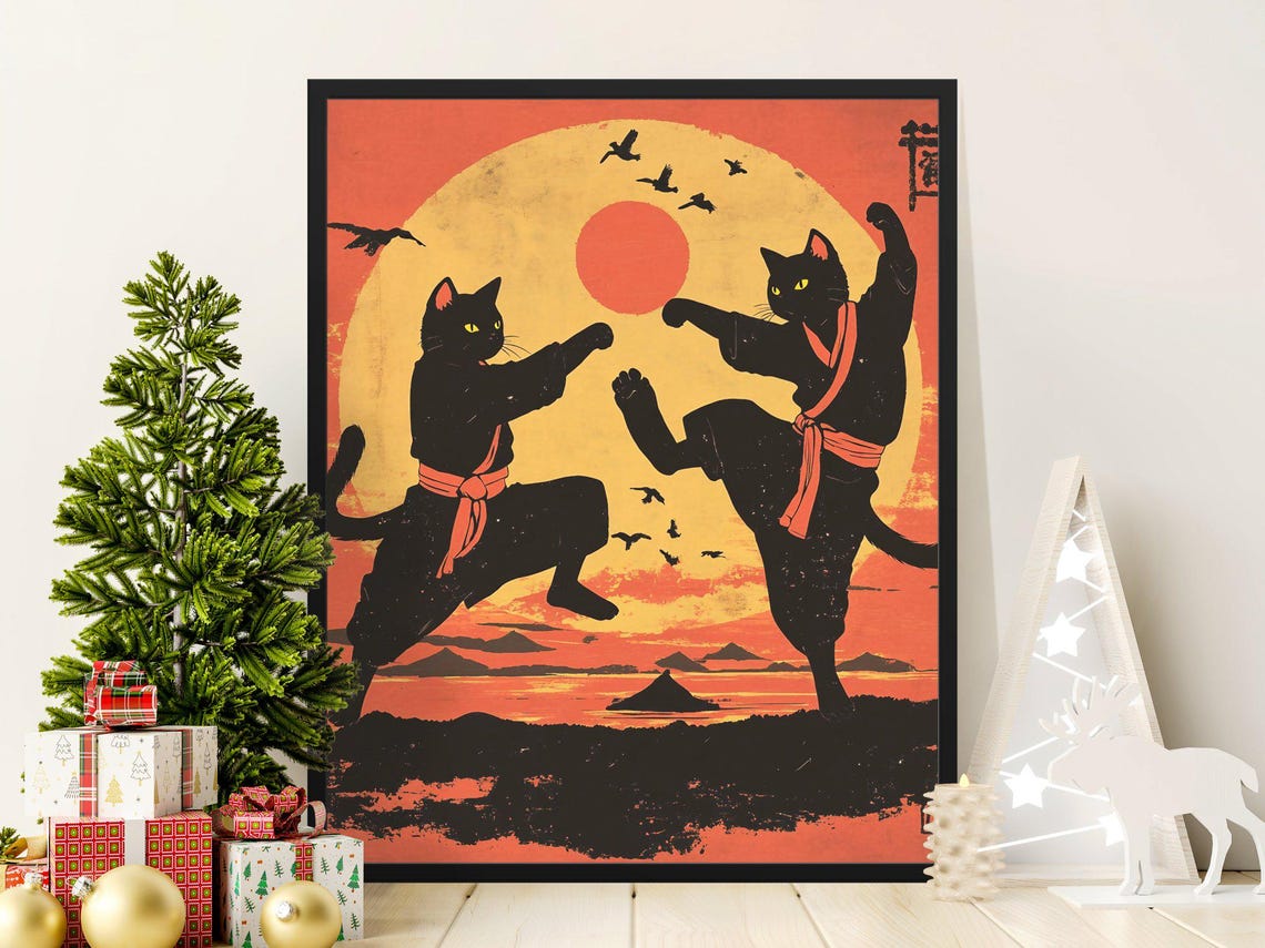 Two Cats Practicing Karate At Sunset Japanese Martial Arts Poster