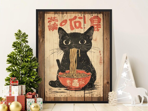 Black Cat Slurping Ramen Red Bowl Cute Japanese Kitchen Art Poster