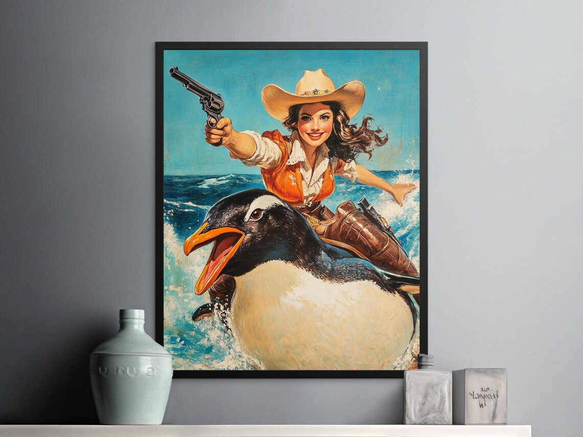 Vintage Cowgirl Riding Giant Penguin Ocean Waves Pulp Western Poster - Image 2