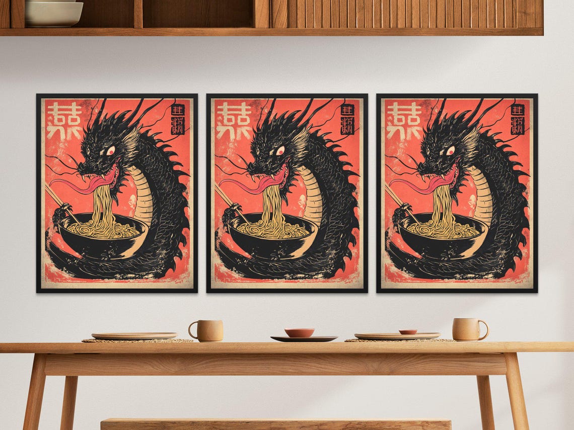 Japanese Black Dragon Slurping Ramen Red Vintage Kitchen Art Poster - Image 2