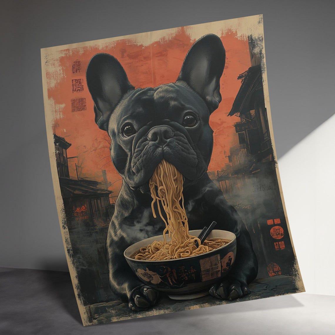 Black French Bulldog Slurping Ramen Noodles Red Sunset Art Poster - Image 3