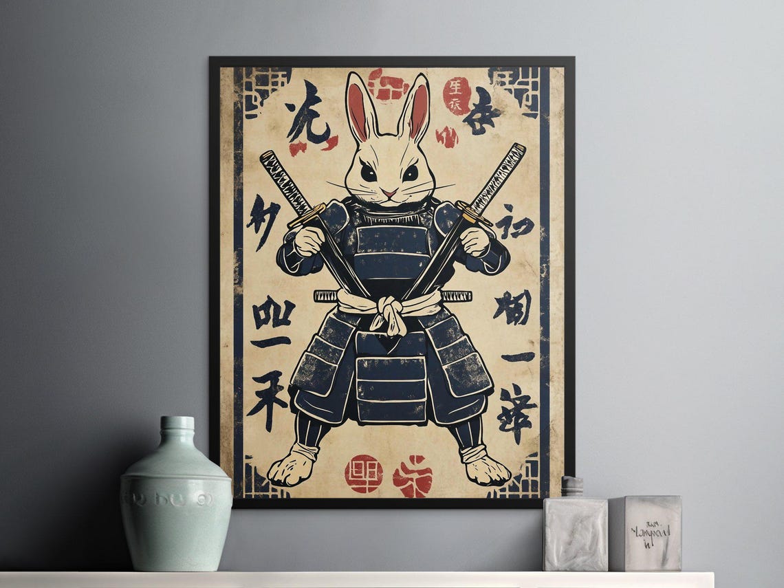 Samurai Rabbit Warrior Vintage Japanese Dual Sword Bunny Wall Poster - Image 3
