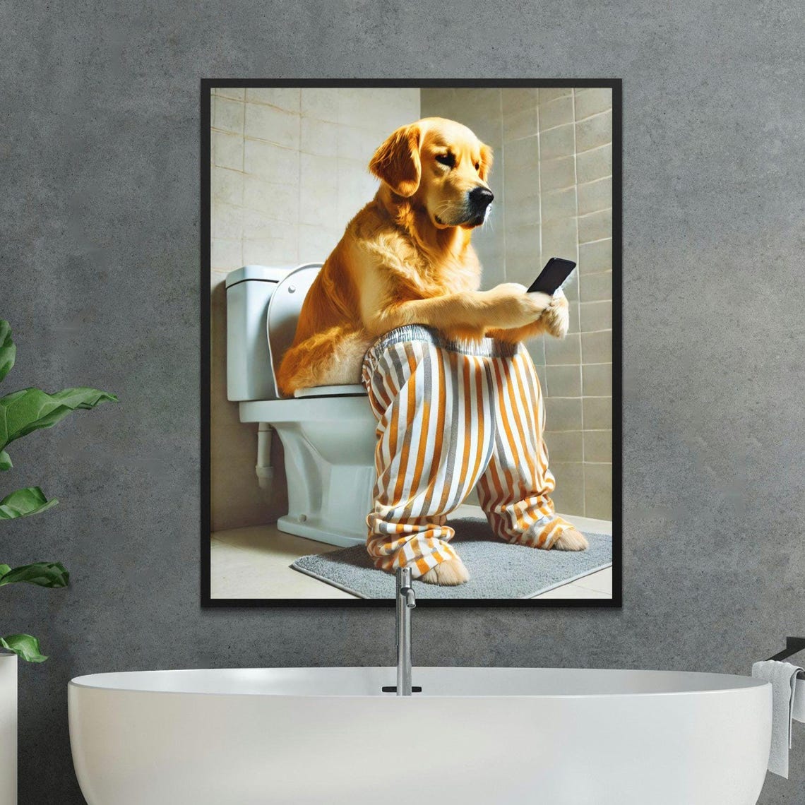 Silly Funny Golden Retriever On Toilet With Phone Bathroom Poster