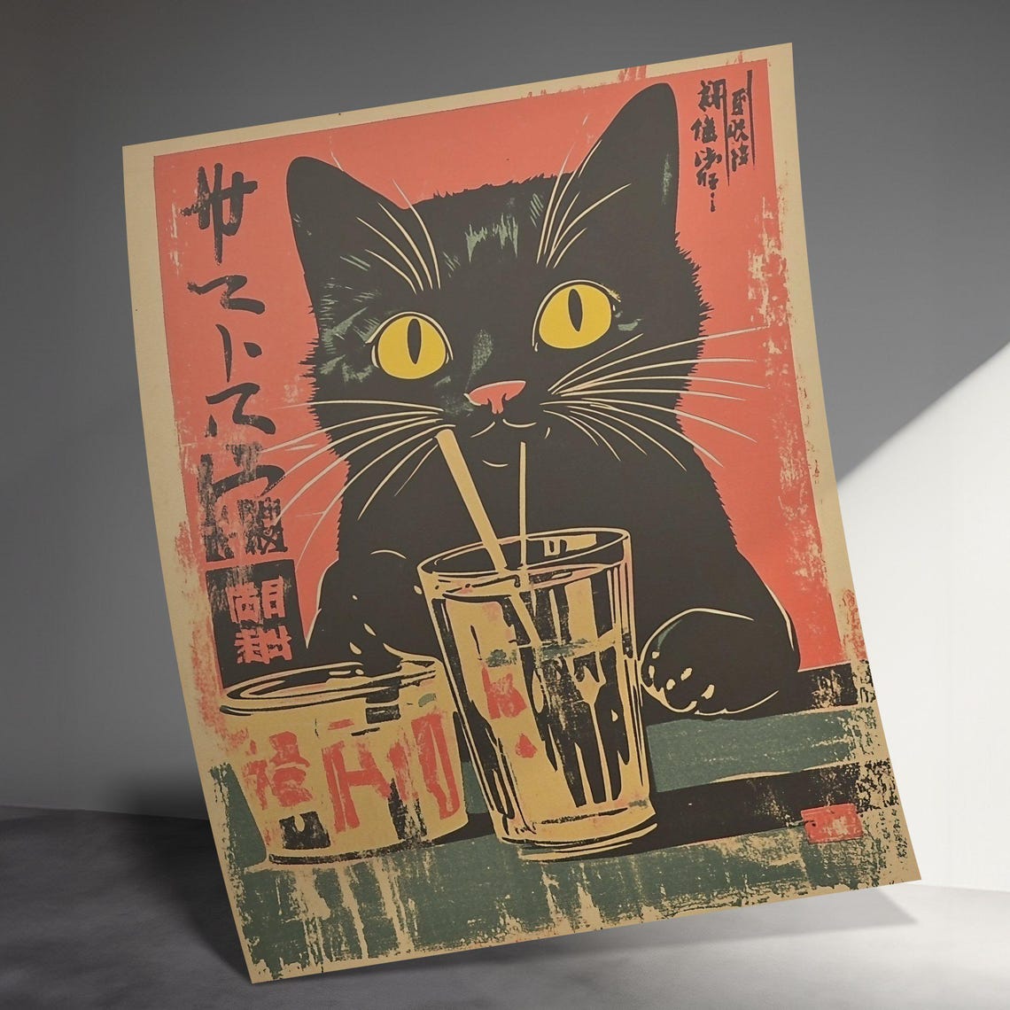 Black Cat Drinking Beer Retro Japanese Vintage Bar Art Poster - Image 3