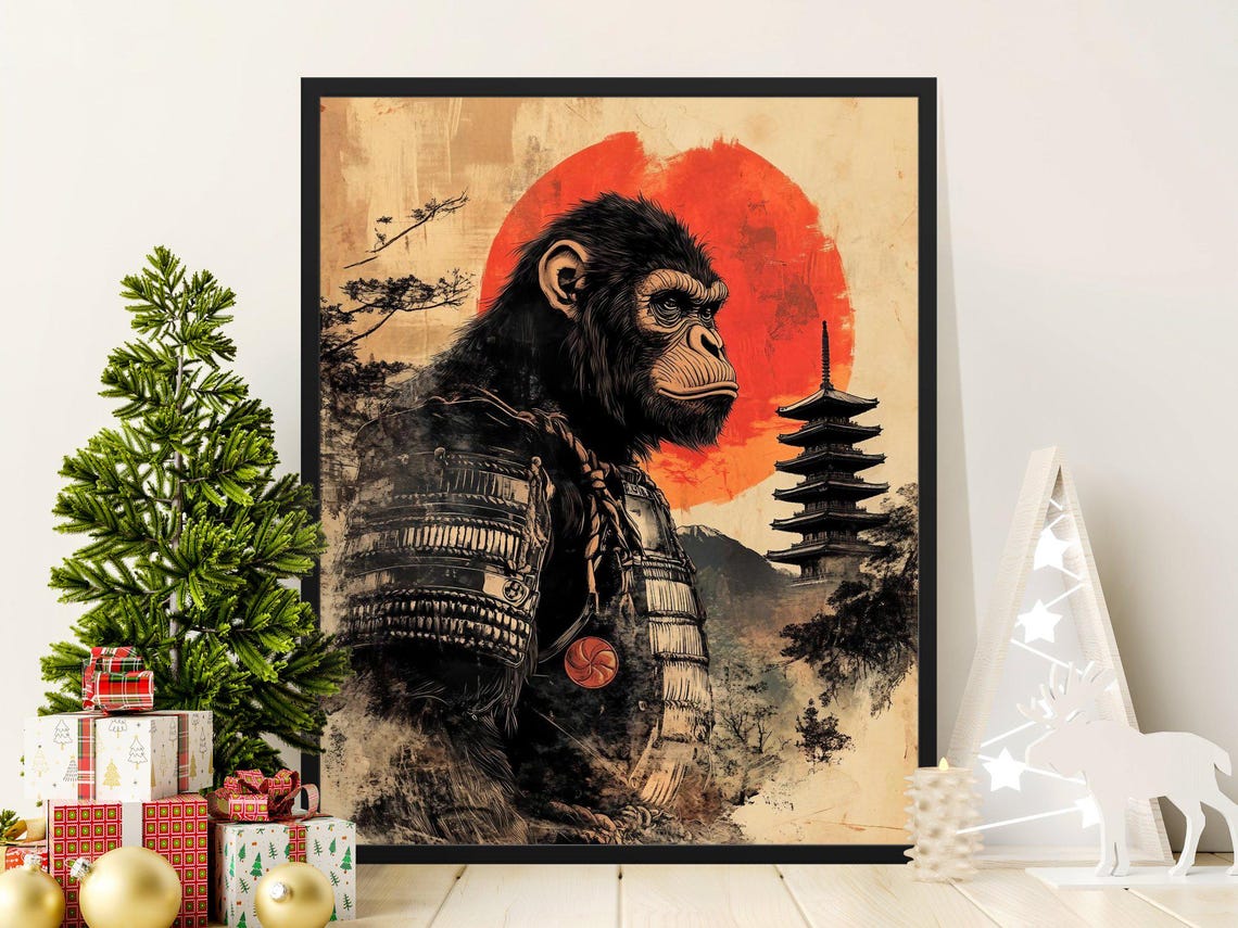 Mighty Samurai Gorilla In Armor Under Red Sun Pagoda Japan Poster