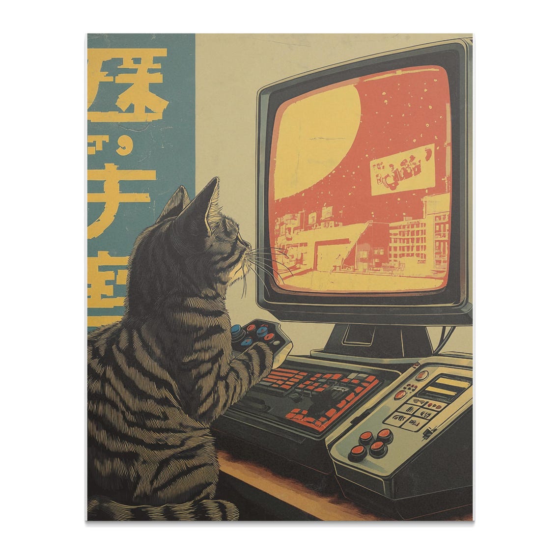 Tabby Cat Playing Retro Game Vintage Console City Moonlight Poster - Image 2