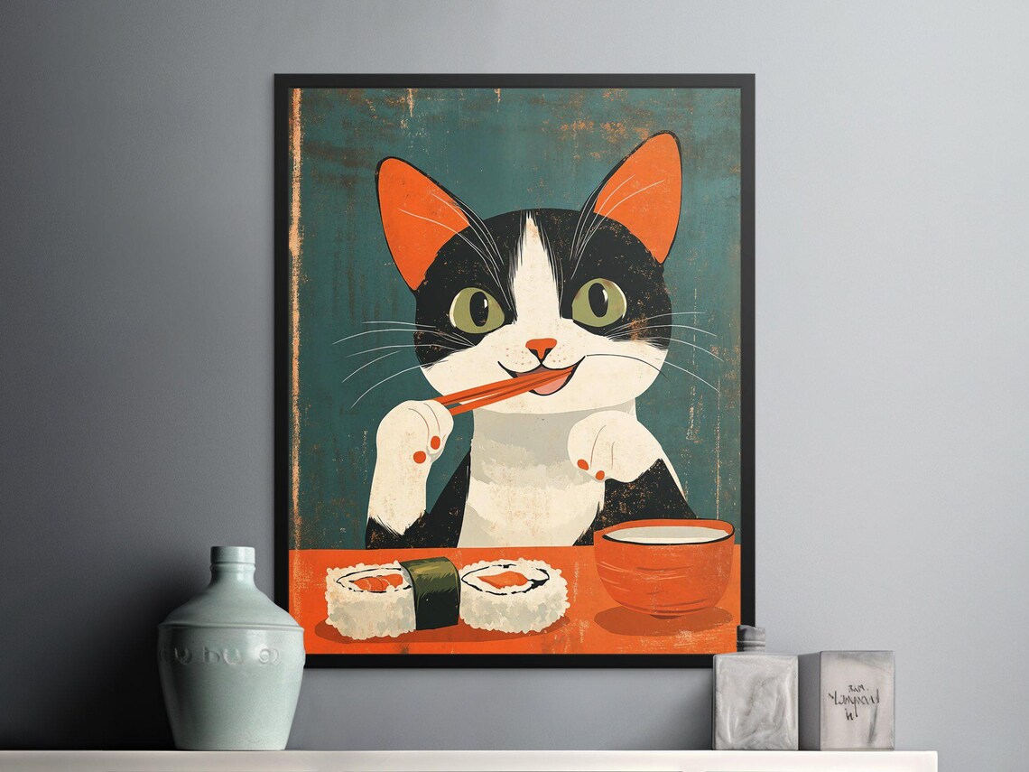 Black And White Cat Eating Sushi Chopsticks Retro Kitchen Poster - Image 2