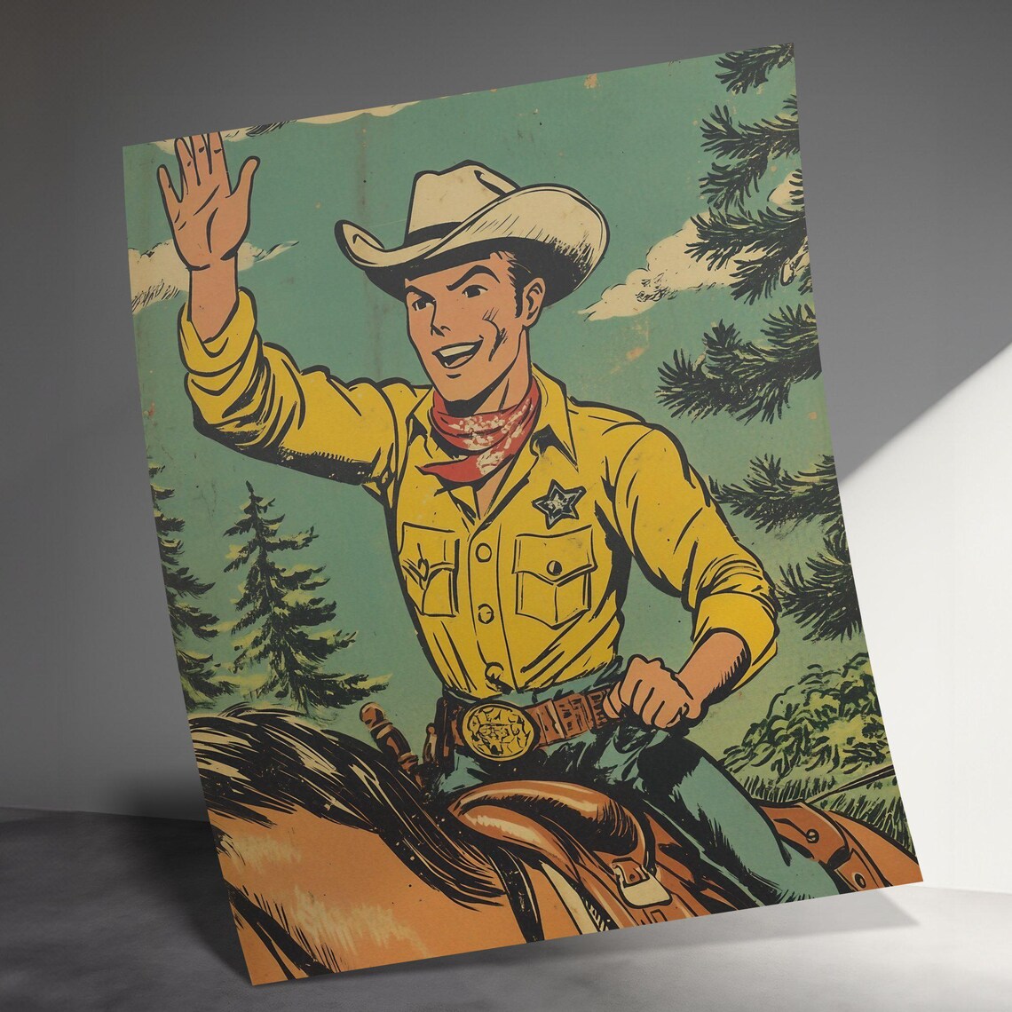 Retro Comic Cowboy Sheriff On Horseback Vintage Western Poster - Image 3