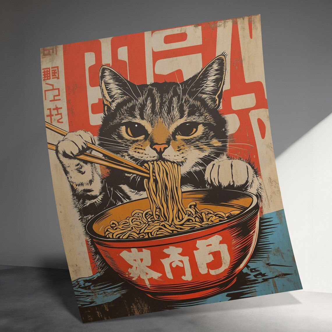 Vintage Cat Eating Noodles, Retro Kitchen Art Print - Image 3