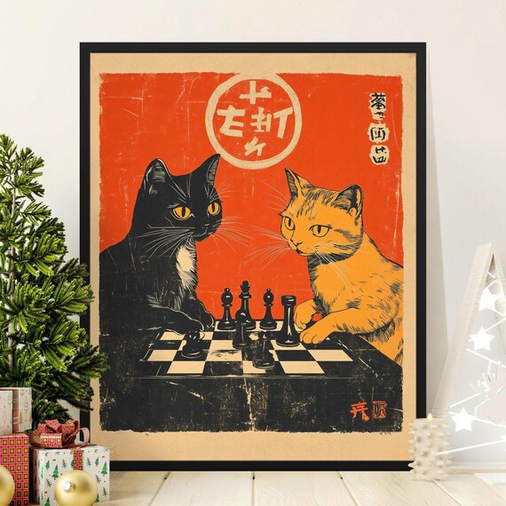 Retro Cats Playing Chess Vintage Japanese Black Orange Art Poster