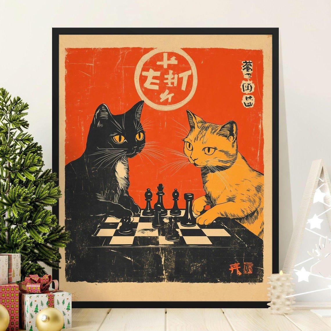 Retro Cats Playing Chess Vintage Japanese Black Orange Art Poster