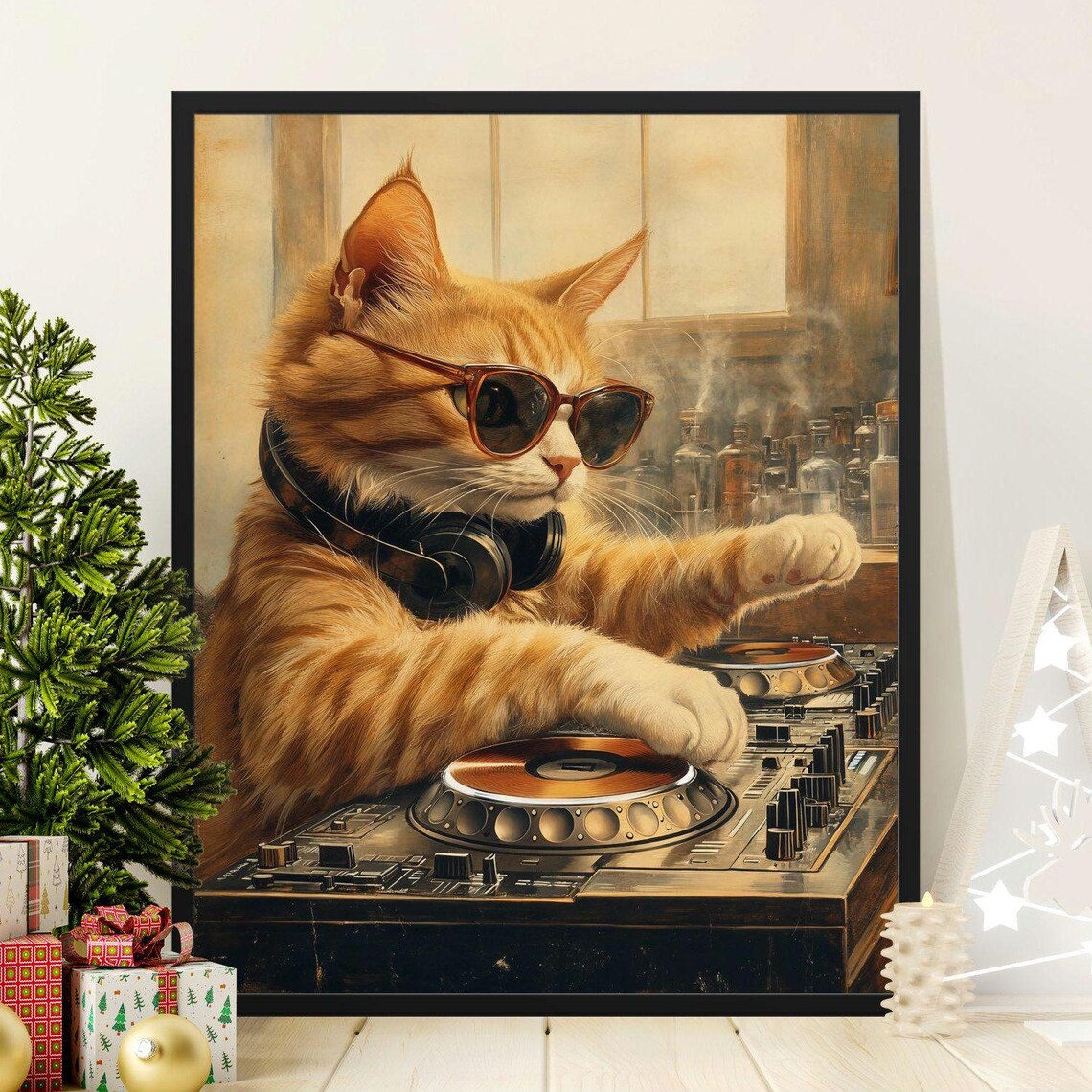 Orange Tabby Cat DJ Wearing Sunglasses Mixing Music Vintage Style Poster