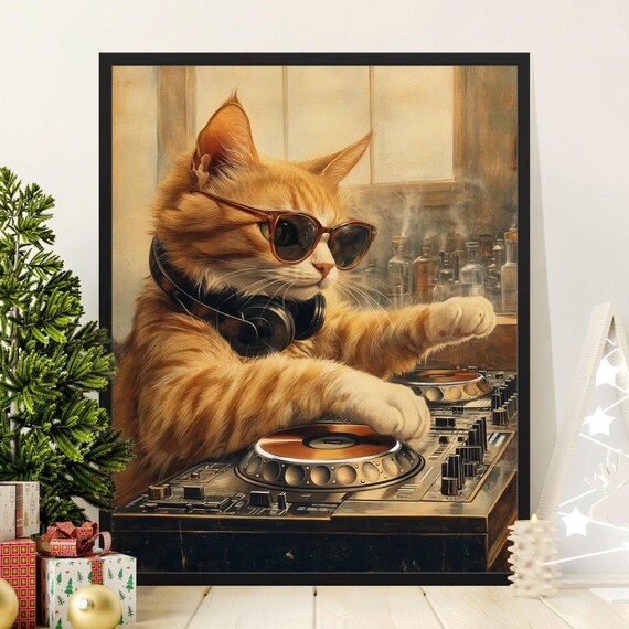 Orange Tabby Cat DJ Wearing Sunglasses Mixing Music Vintage Style Poster