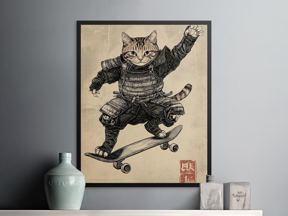 Samurai Tabby Cat Skateboard Trick Japanese Ink Style Funny Animal Poster - Image 2