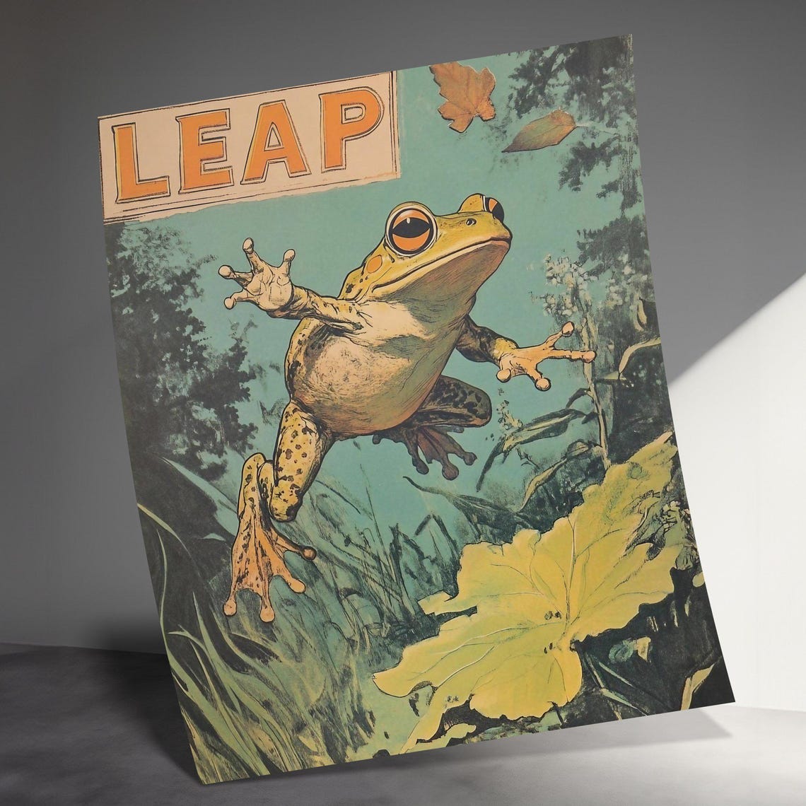 Leap Vintage Frog Jumping Pond Retro Nature Illustration Poster - Image 3