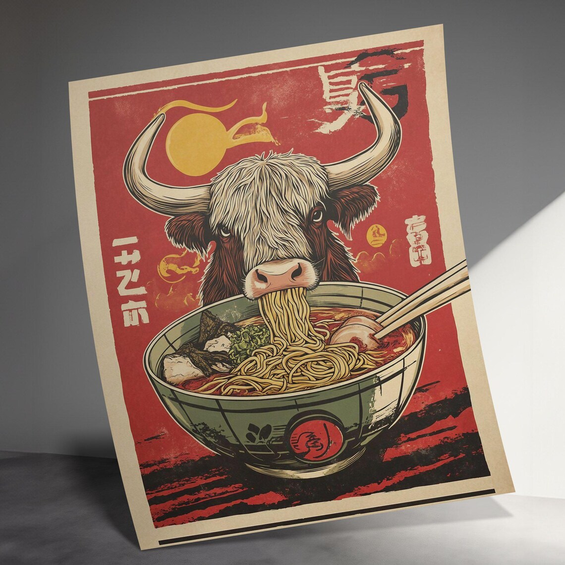 Longhorn Bull Eating Ramen Retro Japanese Noodle Bowl Poster - Image 3