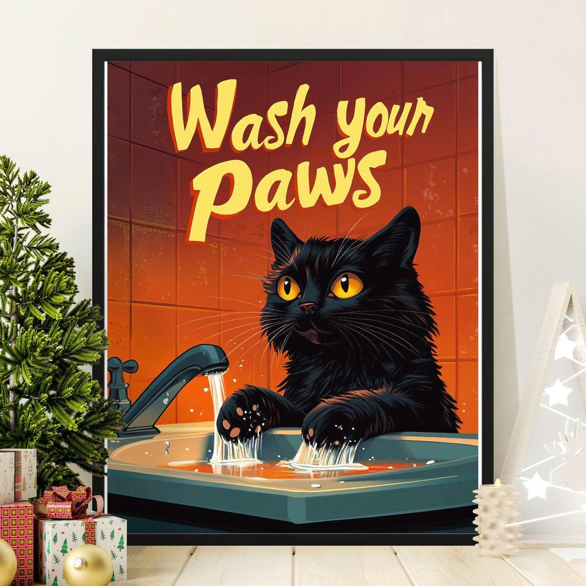 Wash Your Paws Black Cat Retro Bathroom Sink Funny Kitten Art Poster
