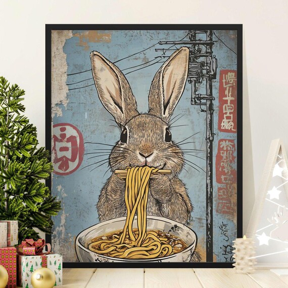 Cute Rabbit Eating Ramen Japanese Retro Blue Street Wall Art Poster