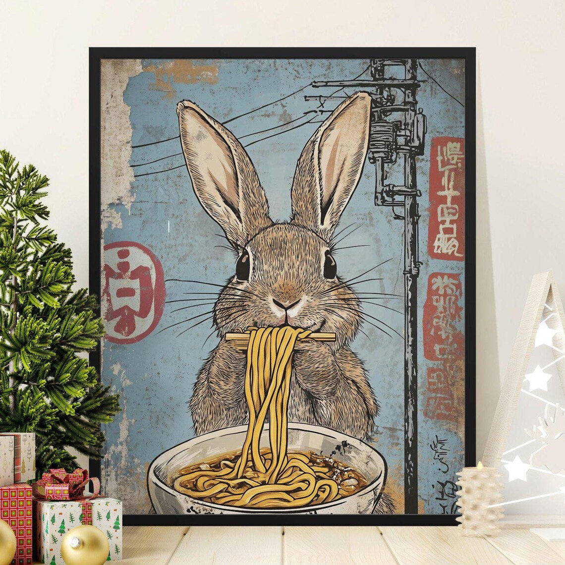 Cute Rabbit Eating Ramen Japanese Retro Blue Street Wall Art Poster