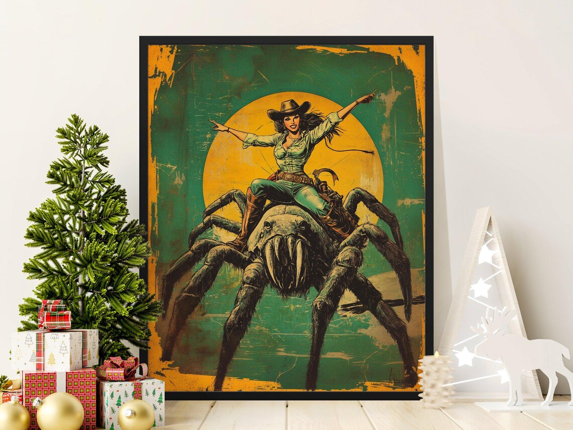 Vintage Cowgirl Riding Giant Spider Green Sun Comic Western Art Poster
