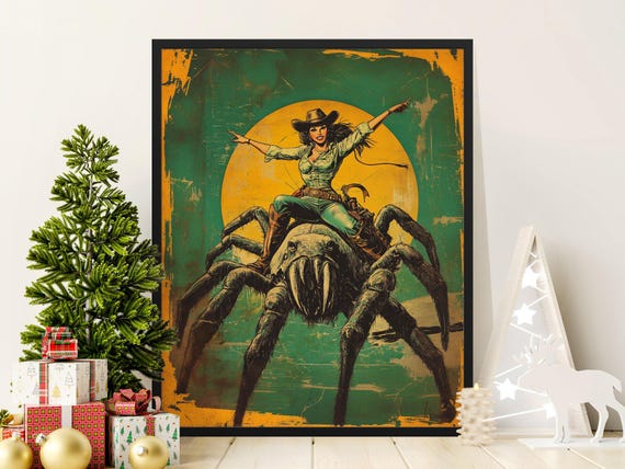 Vintage Western Cowgirl Riding Giant Spider Poster Unique Retro Art Print Comic Style Wall Decor Cowboy Themed Illustration Gift For Her