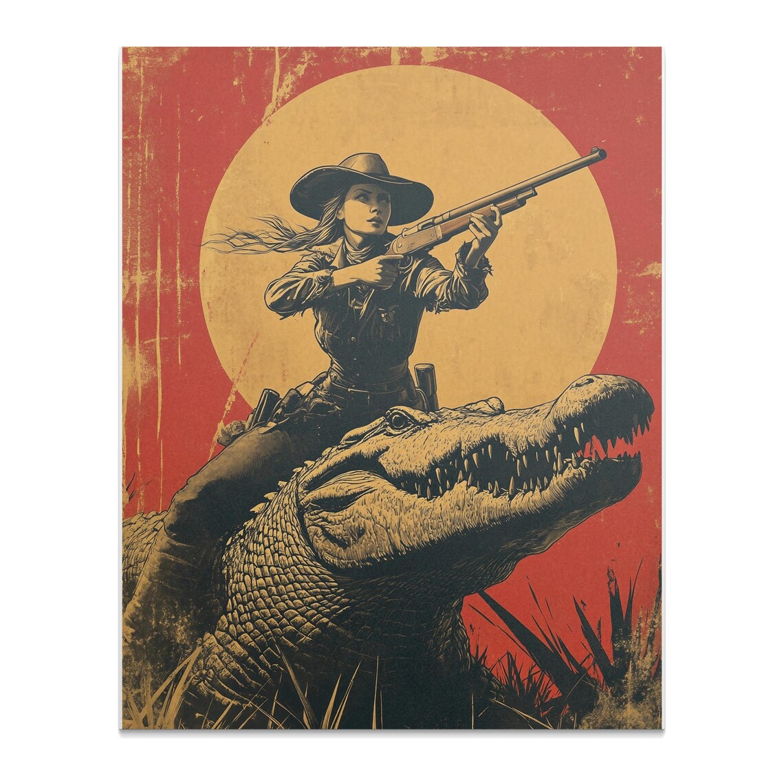 Cowgirl Riding Giant Alligator Rifle Vintage Western Sunset Art Poster - Image 2