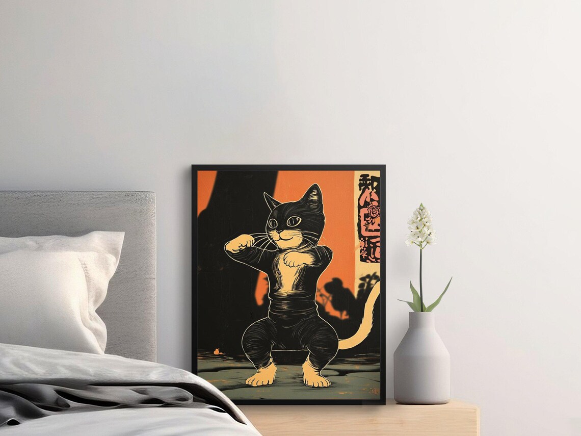 Kung Fu Cat In Martial Arts Stance Retro Japanese Orange Poster - Image 2