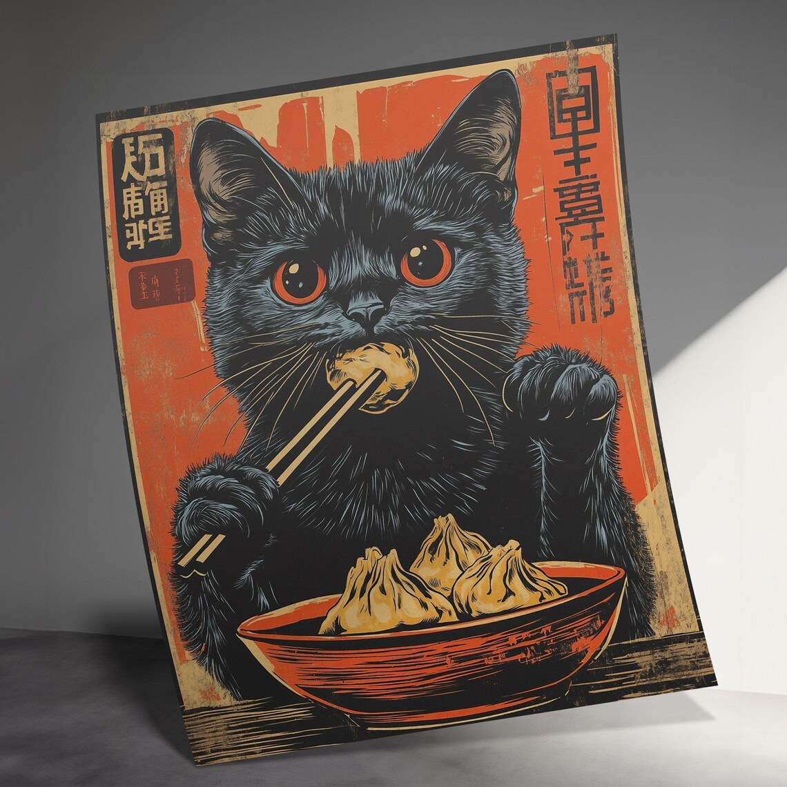 Retro Black Cat Eating Dumpling Chopsticks Japanese Kitchen Poster - Image 3