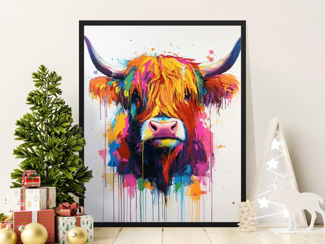 Colorful Abstract Highland Cow Vibrant Splash Paint Modern Art Poster