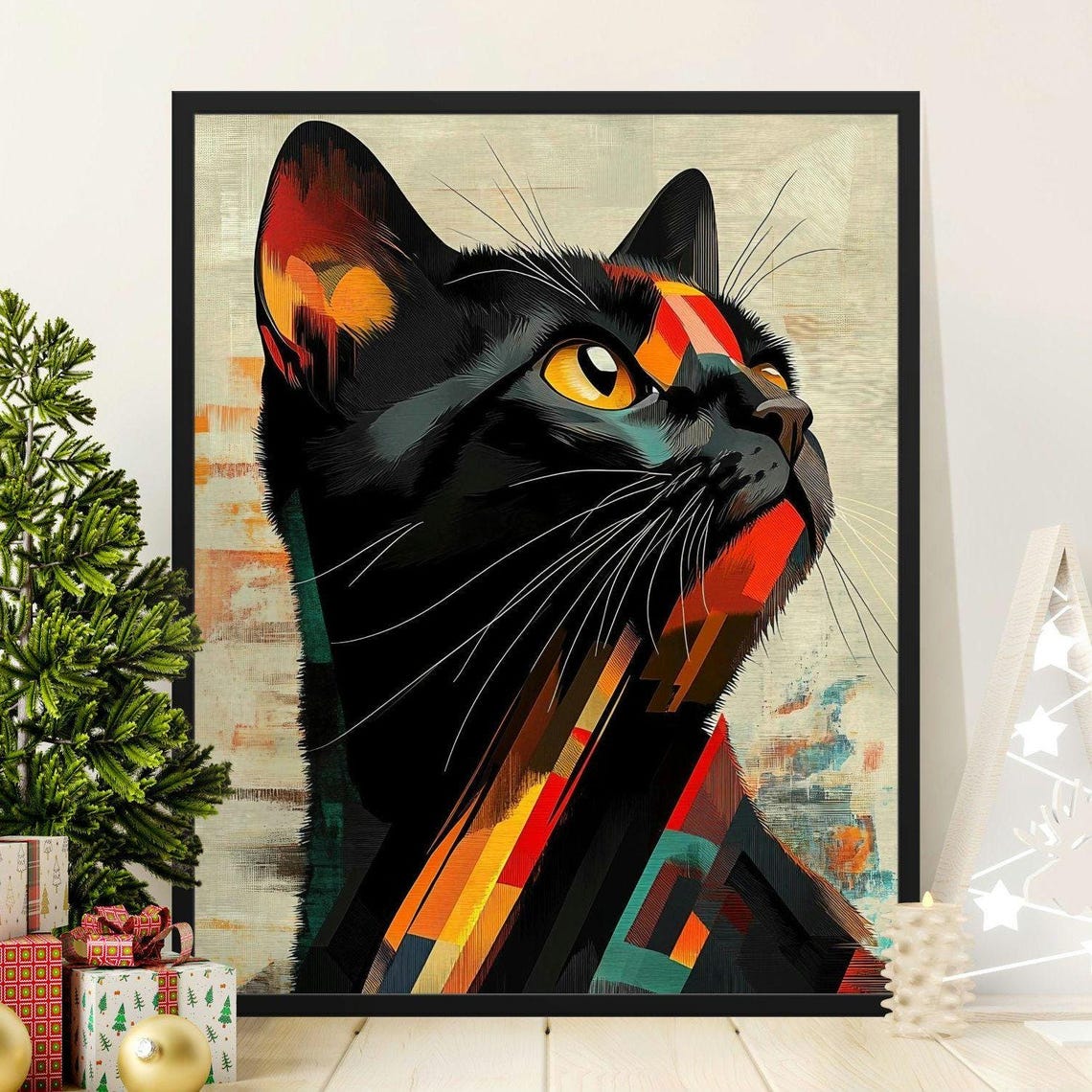 Abstract Geometric Black Cat Portrait Modern Colorful Feline Wall Art