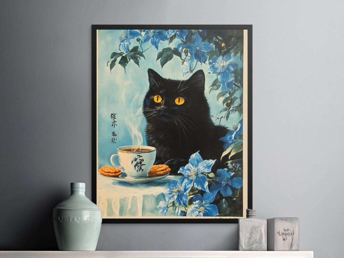 Black Cat With Teacup Cookies And Blue Flowers Vintage Poster - Image 2