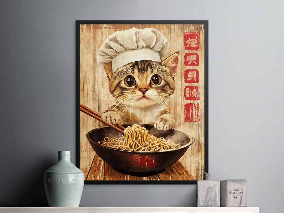 Cute Kitten Chef Noodles Adorable Japanese Kitchen Animal Art Poster - Image 2