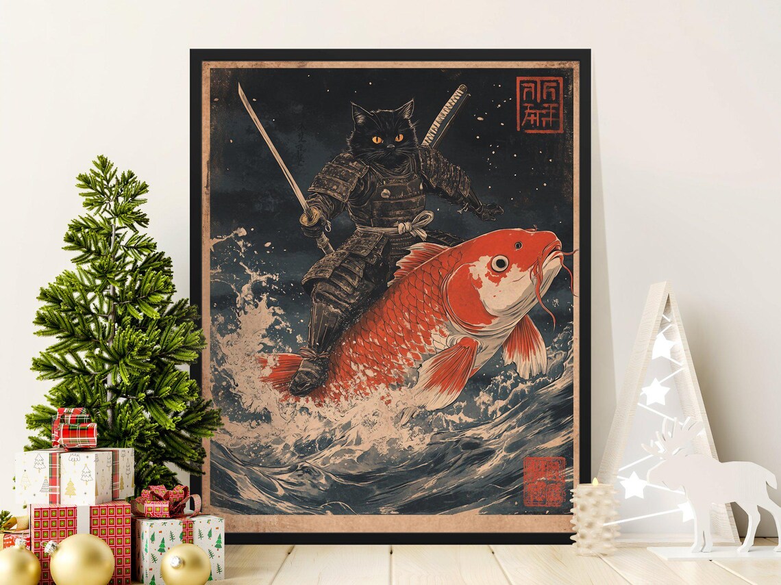 Samurai Cat Riding Giant Red Koi Fish Ocean Waves Night Warrior Art Poster - Image 2