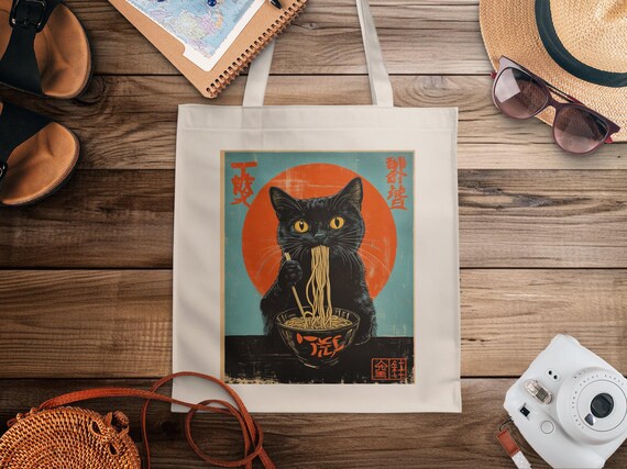 Black Cat Eating Noodles Japanese Retro Design Shown On Tote Bag Print