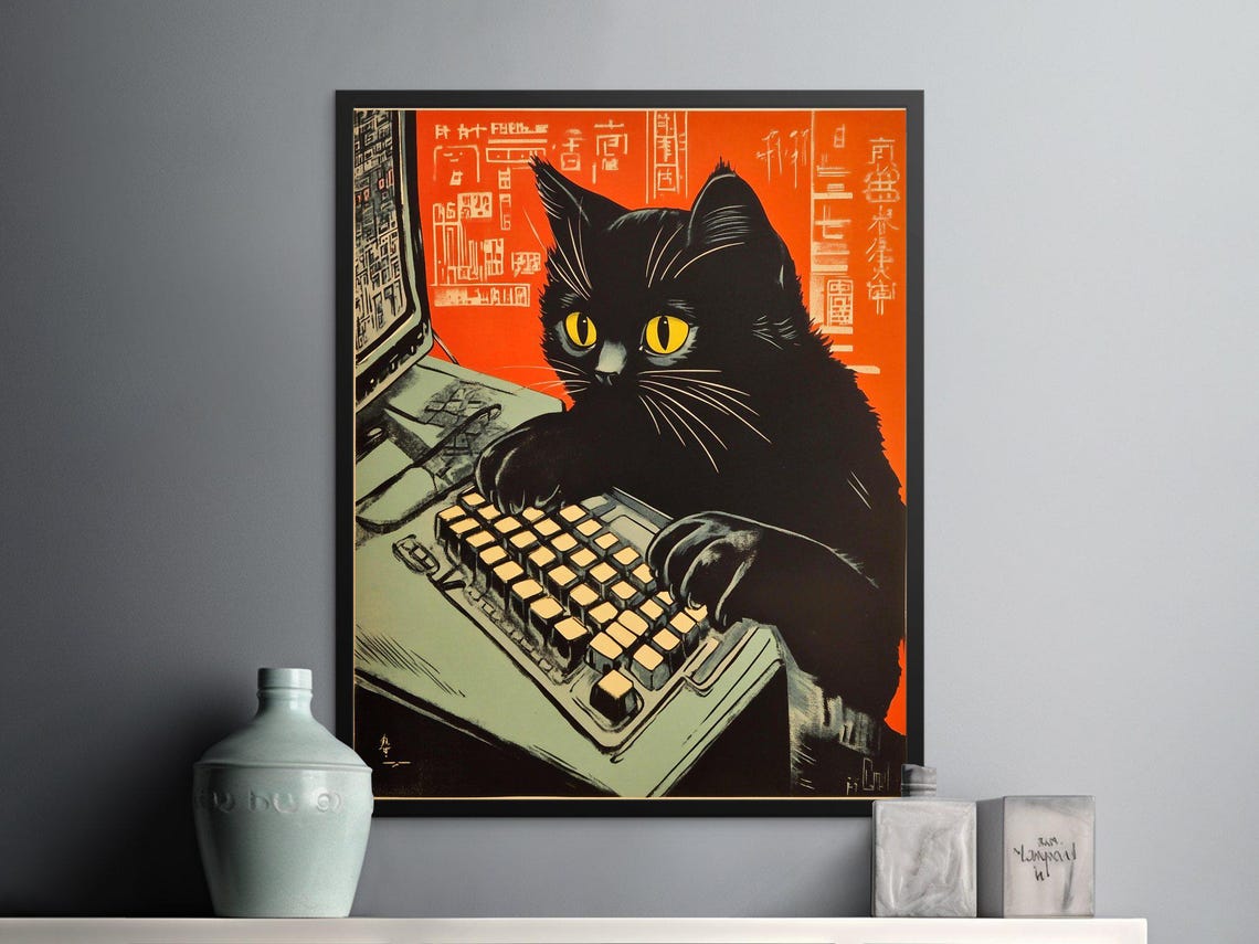 Black Cat Typing On Computer Keyboard Retro Japanese Office Poster - Image 2