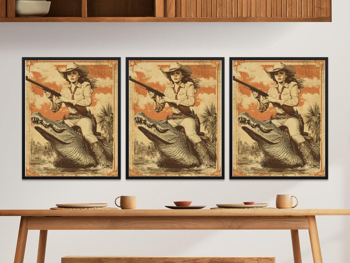 Cowgirl With Rifle Riding Alligator Sepia Western Adventure Poster - Image 2