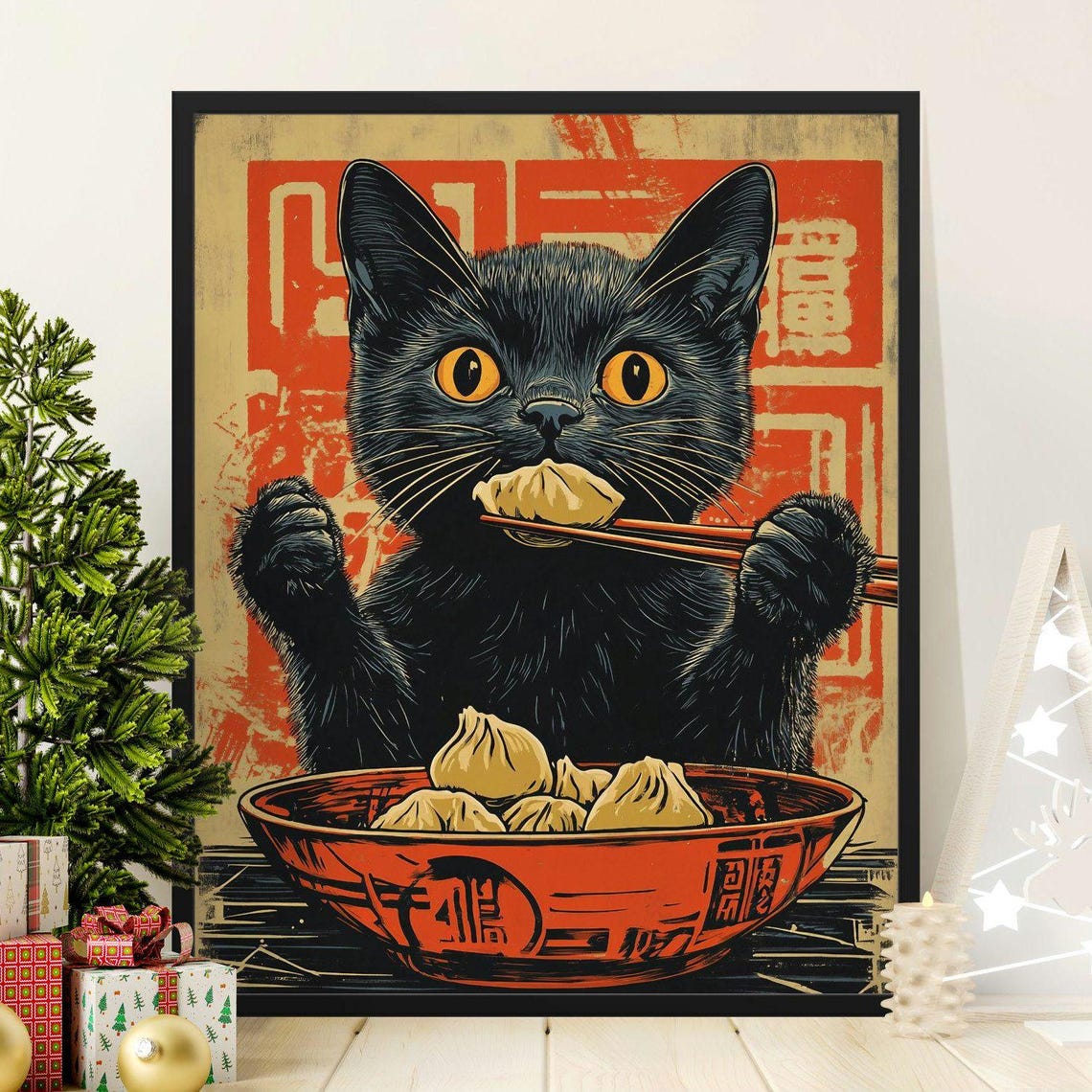 Black Cat Eating Dumplings With Chopsticks Retro Japanese Cat Poster