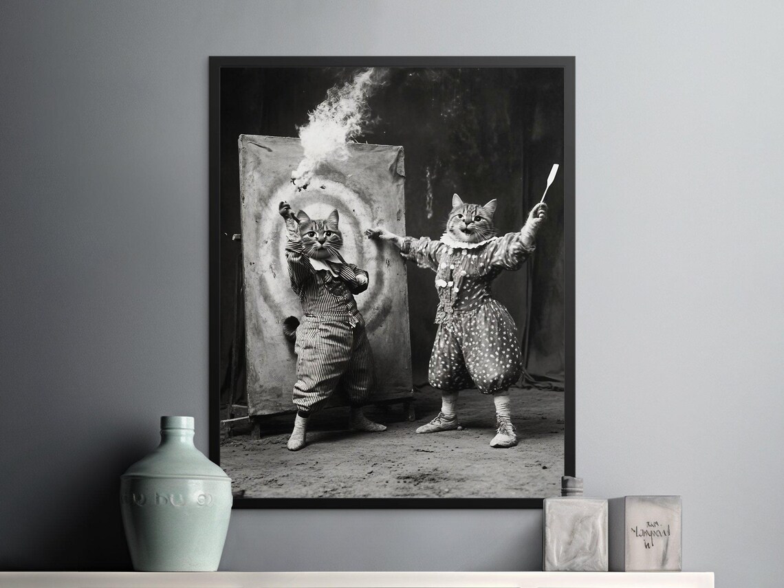 Vintage Circus Knife Throwing Cats Black And White Photo Poster - Image 2