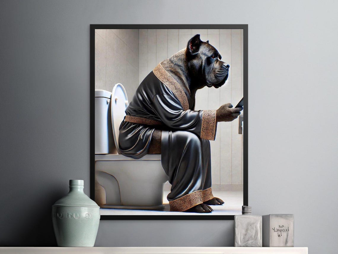 Funny Cane Corso Dog On Toilet Wearing Robe Holding Phone Poster - Image 2