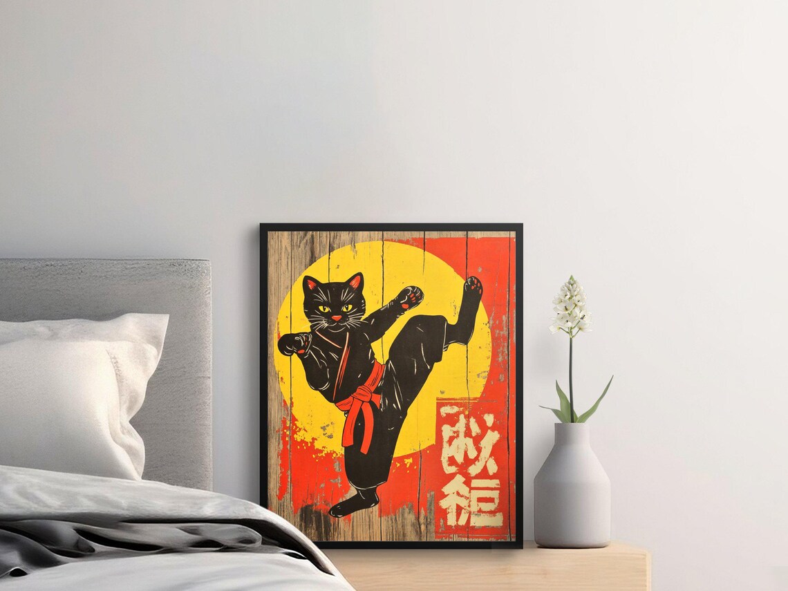 Vintage Karate Cat Martial Arts Kick Retro Japanese Style Art Poster - Image 2