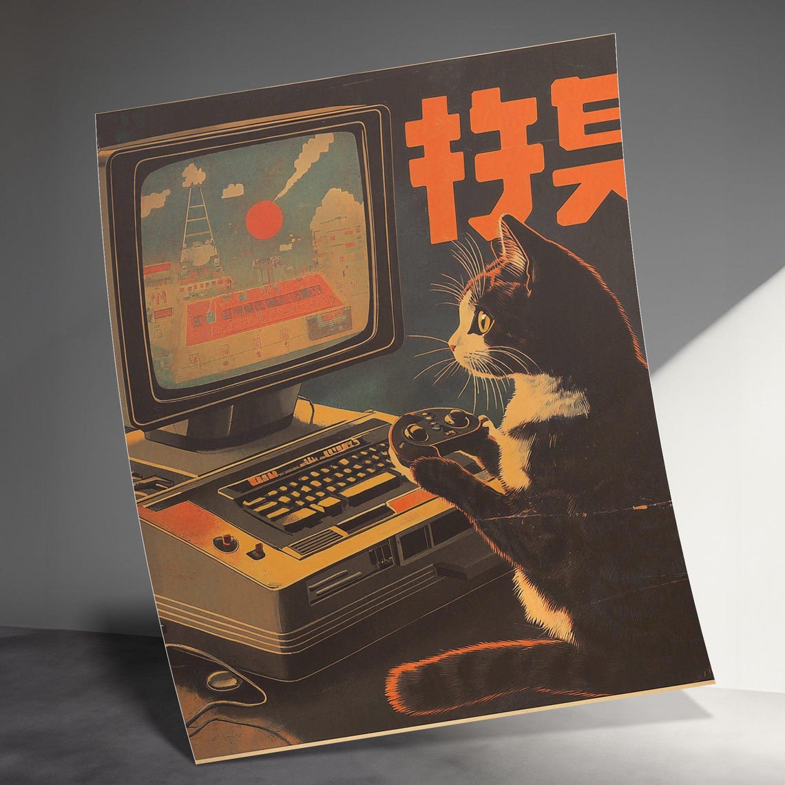 Tuxedo Cat Gaming Retro CRT Computer Vintage Japanese Style Poster - Image 3