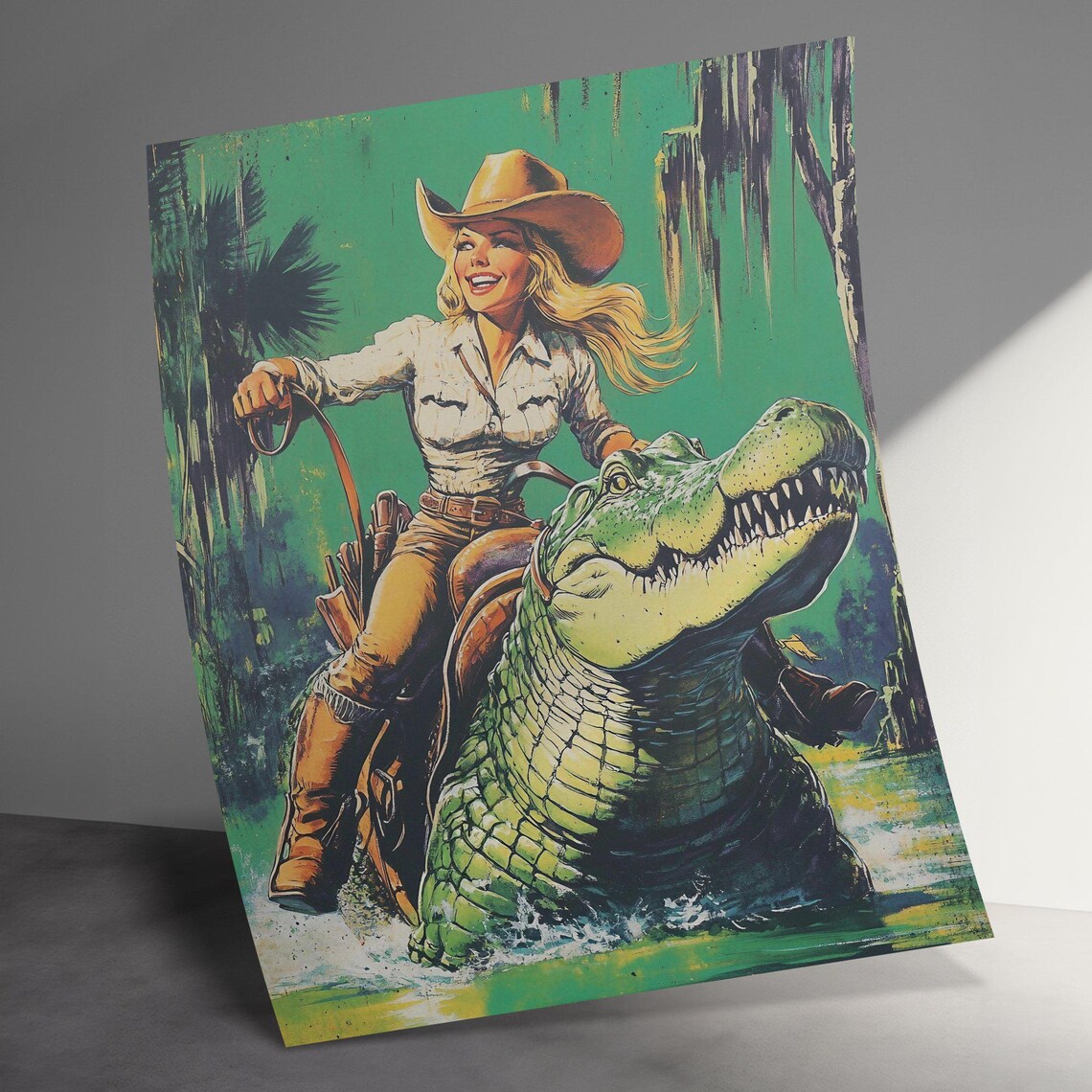 Cowgirl Riding Alligator Retro Western Swamp Adventure Fun Poster - Image 3