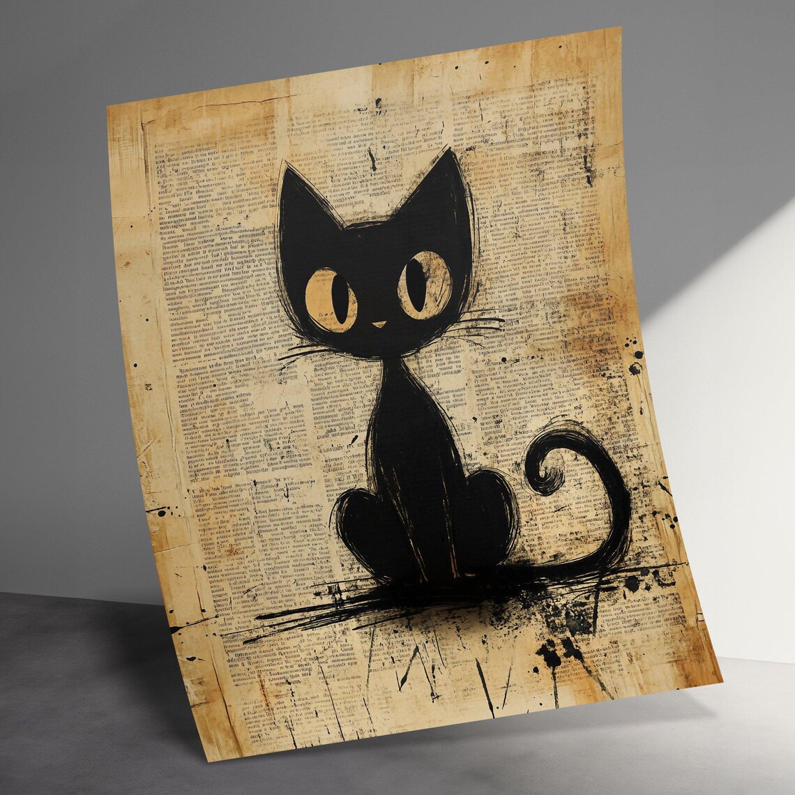 Black Cat Ink Illustration On Vintage Newspaper Rustic Sepia Wall Art Poster - Image 3