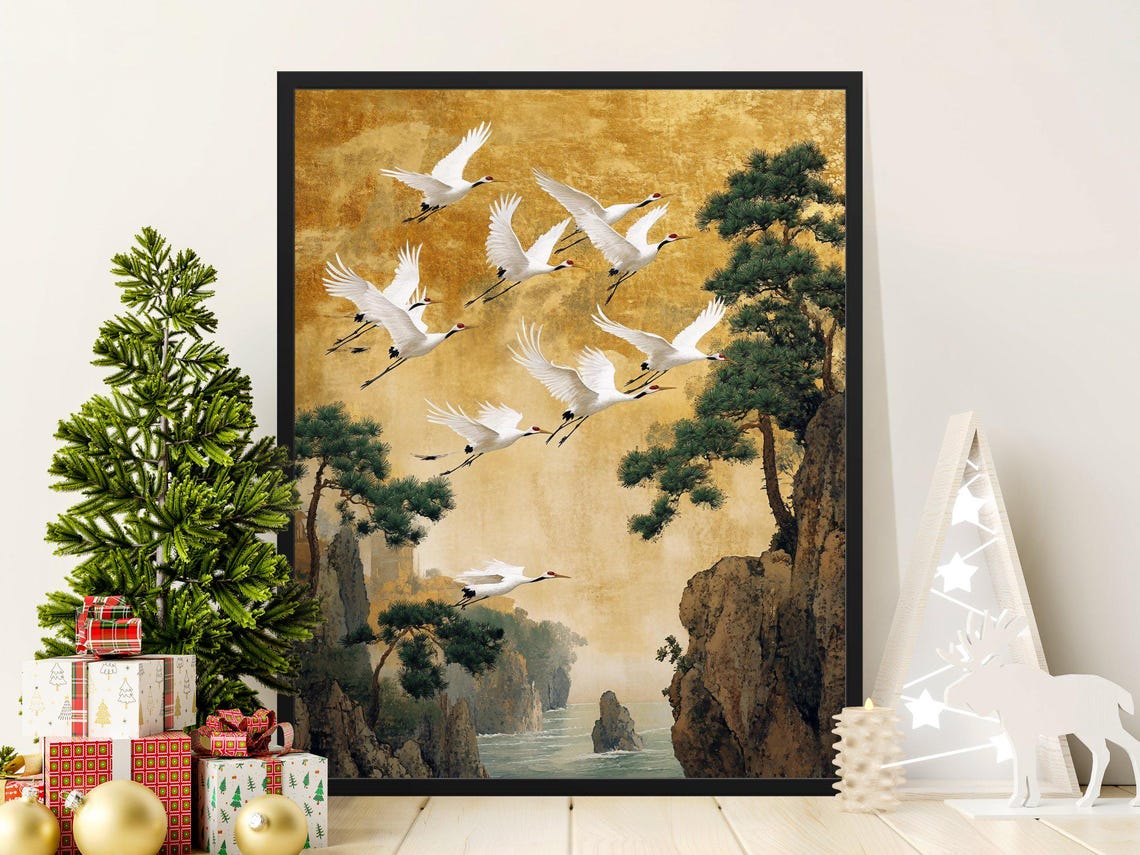 White Cranes In Flight Golden Sky Pine Cliffs Japanese Art Poster